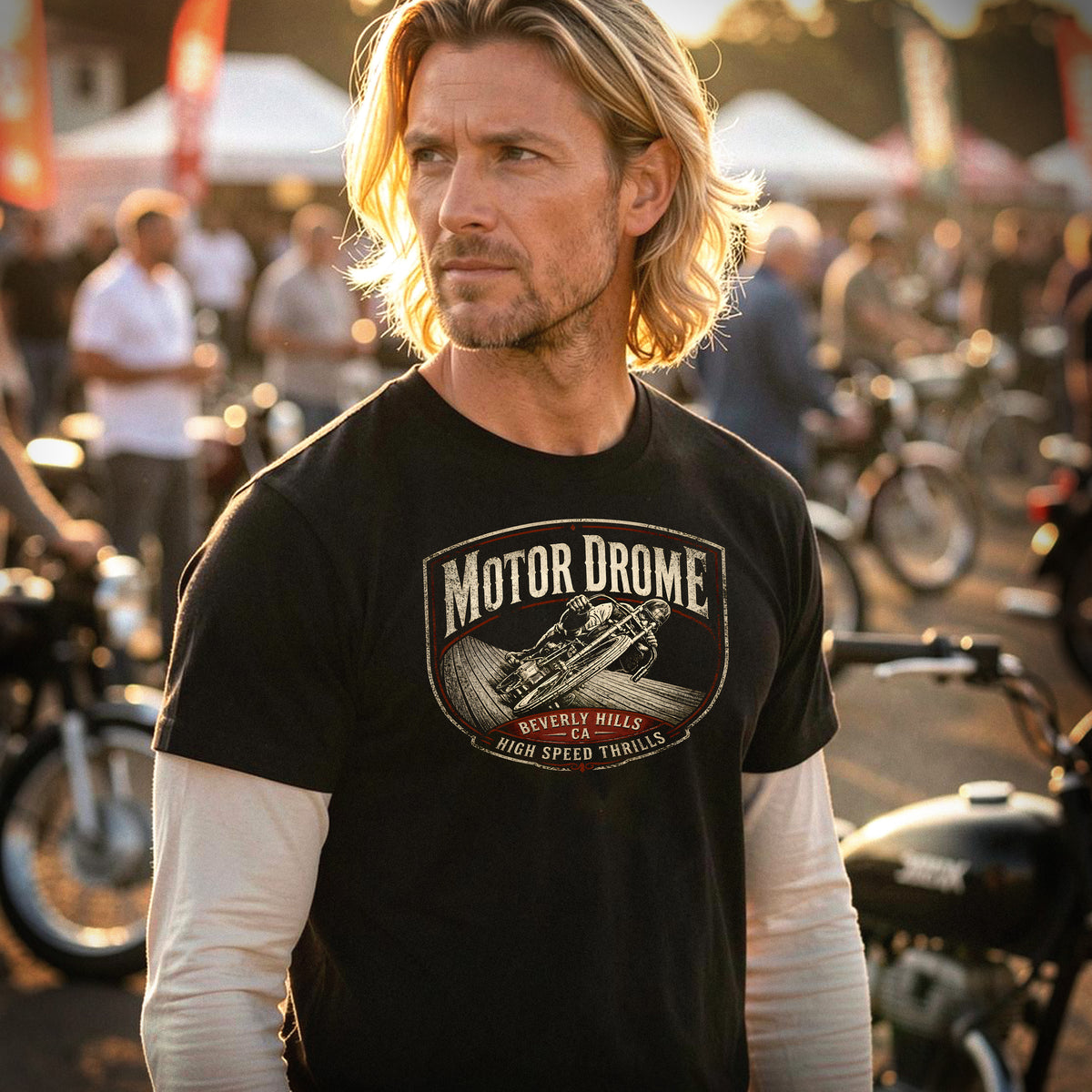 MOTOR DROME, B.H board track cycle racing T-shirt black 1 sided front unisex.