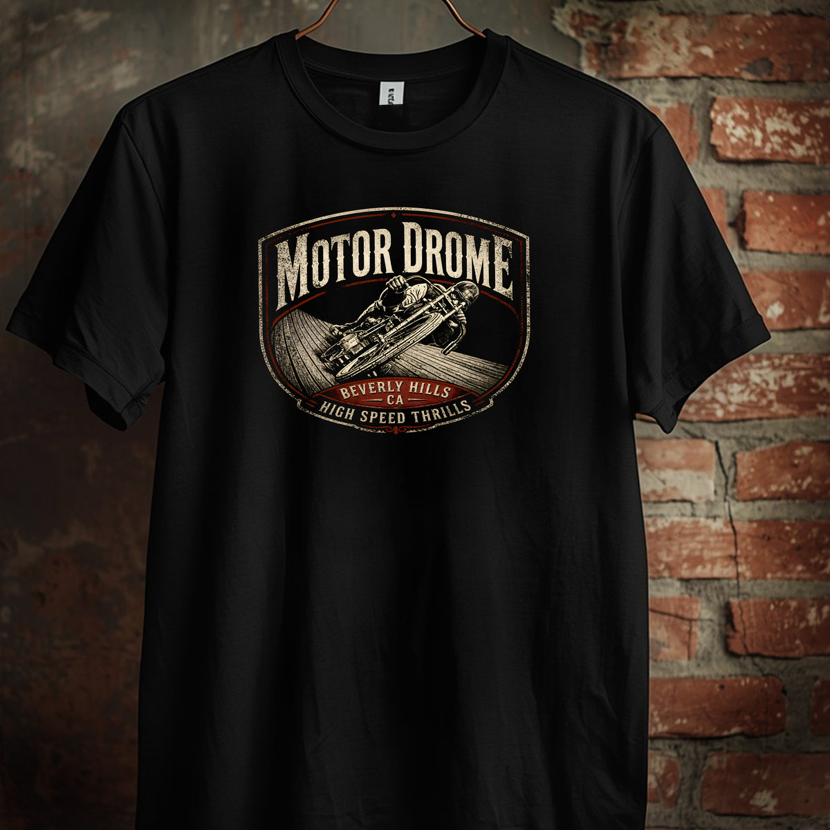 MOTOR DROME, B.H board track cycle racing T-shirt black 1 sided front unisex.