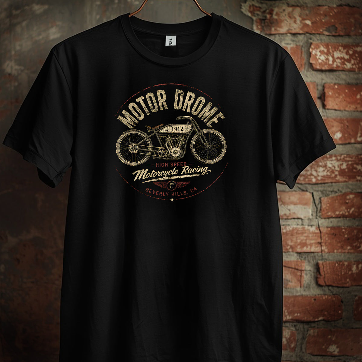 BEVERLY HILLS, CA board track cycle racing T-shirt black 1 sided front unisex.