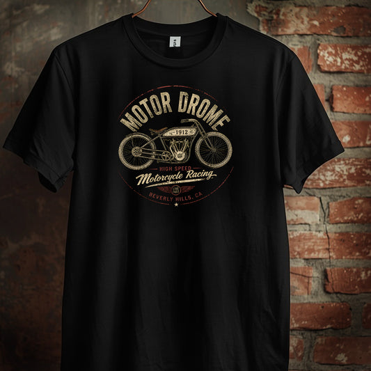 BEVERLY HILLS, CA board track cycle racing T-shirt black 1 sided front unisex.