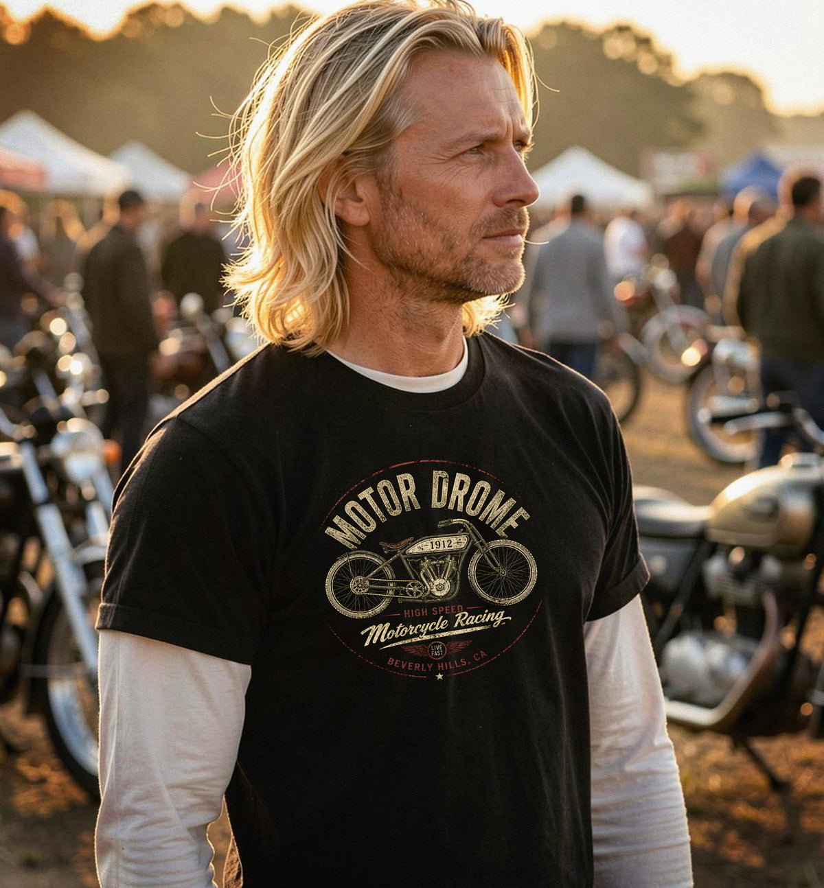 BEVERLY HILLS, CA board track cycle racing T-shirt black 1 sided front unisex.