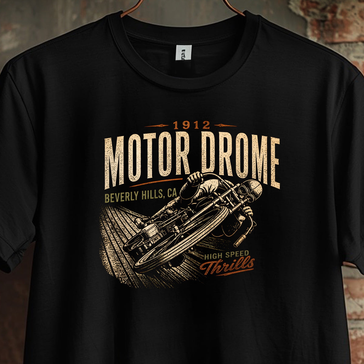 Motor Drome. High Speed Cycle racing T-shirt black 1 sided front unisex.