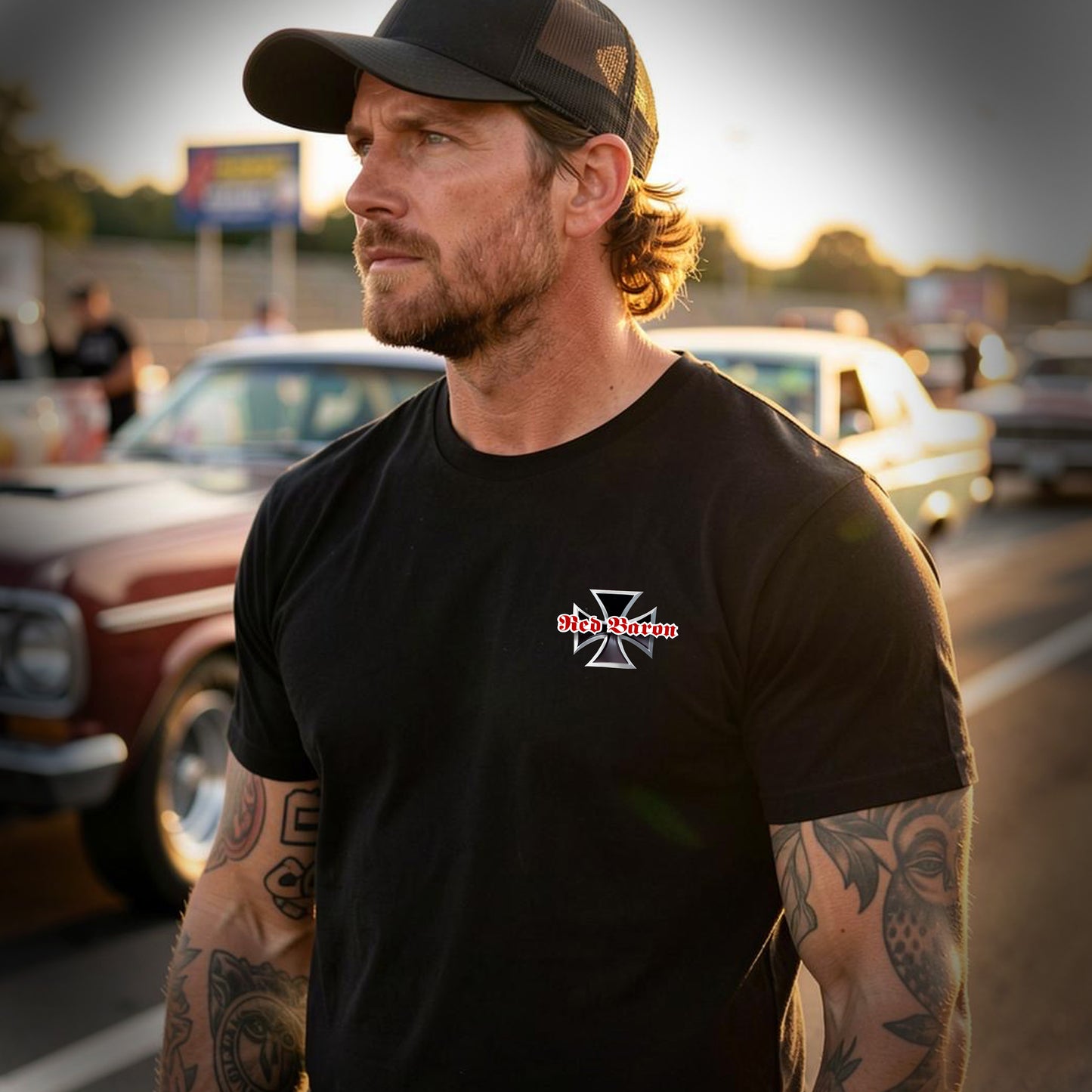 Red Baron VW Drag racing T-shirt black 2 sided unisex.