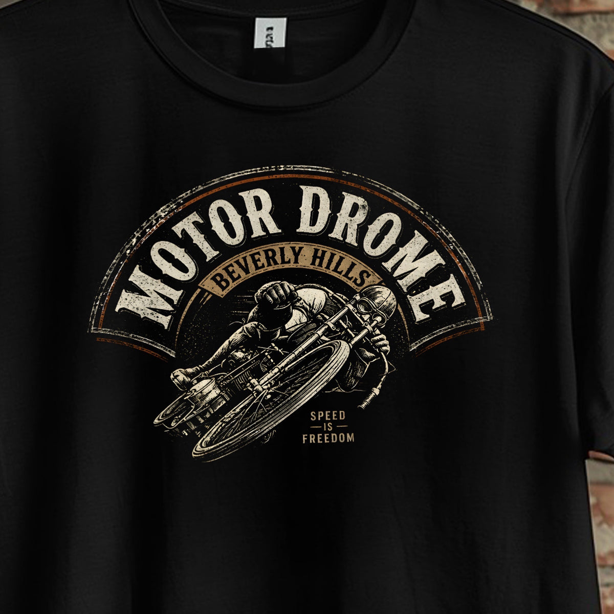 Vintage board track cycle racing T-shirt black 1 sided front unisex.