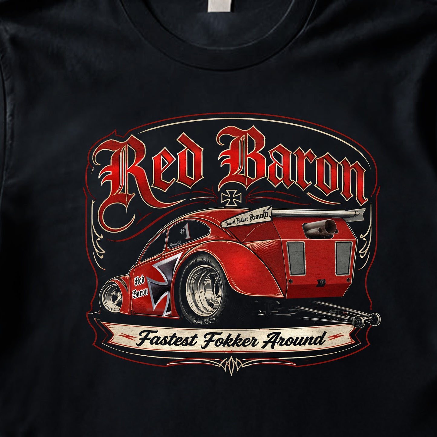 Red Baron VW Drag racing T-shirt black 2 sided unisex.