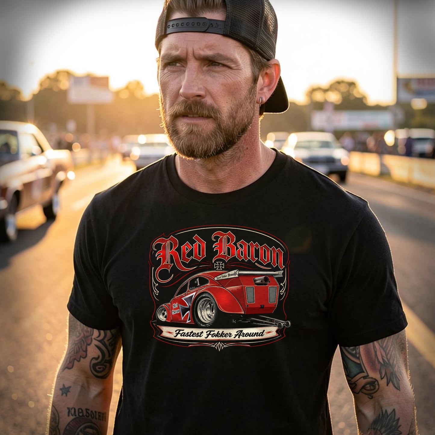 Red Baron VW Drag racing T-shirt black 1 sided front unisex.