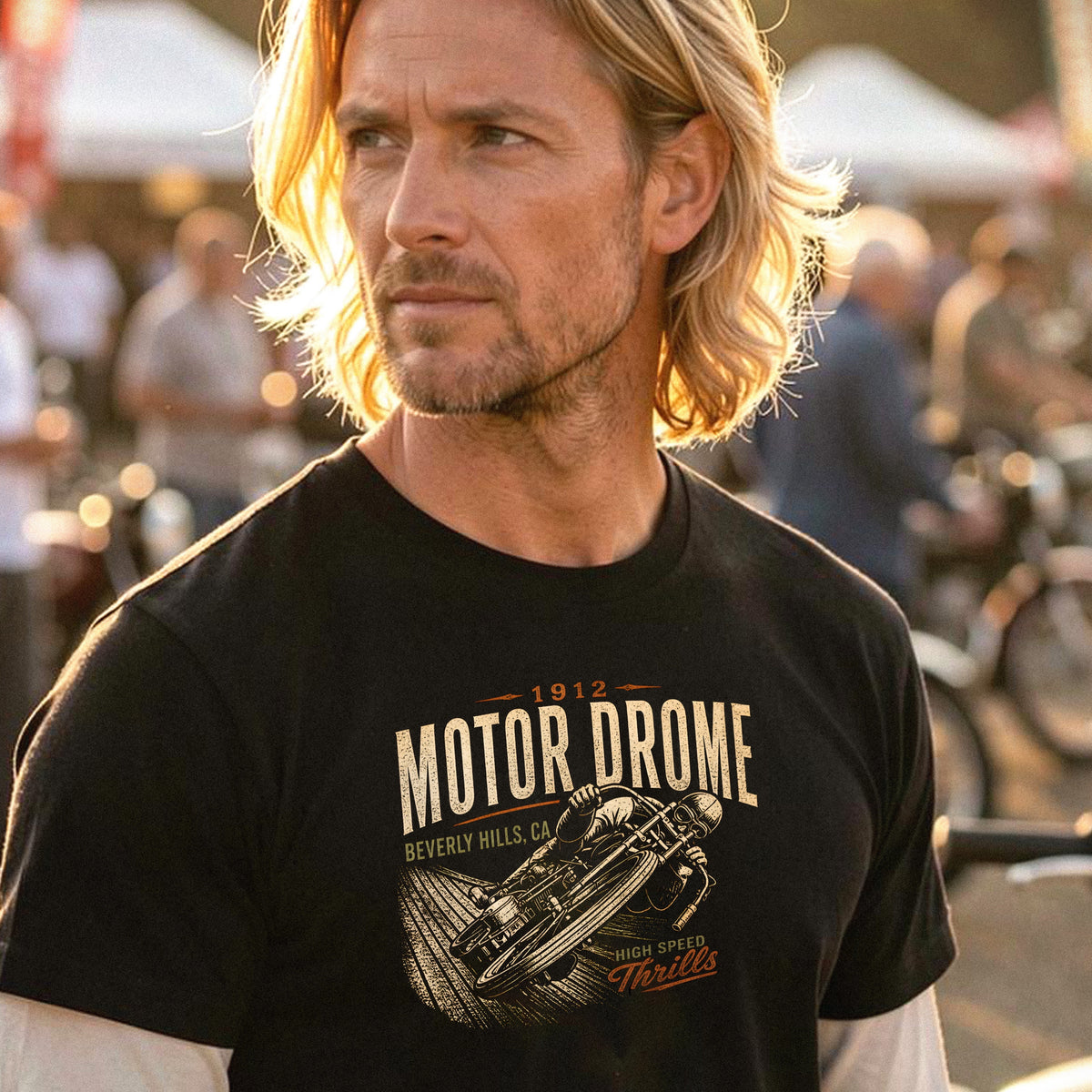 Motor Drome. High Speed Cycle racing T-shirt black 1 sided front unisex.