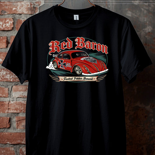 Red Baron VW Fastest Fokker T-shirt black 2 sided  unisex.