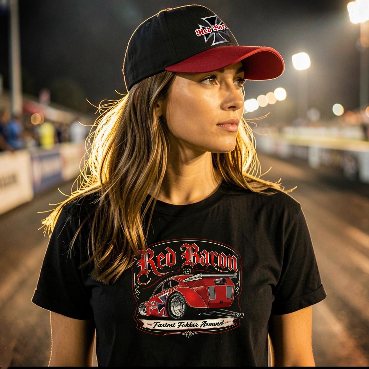 Red Baron VW Drag racing T-shirt black 1 sided front unisex.