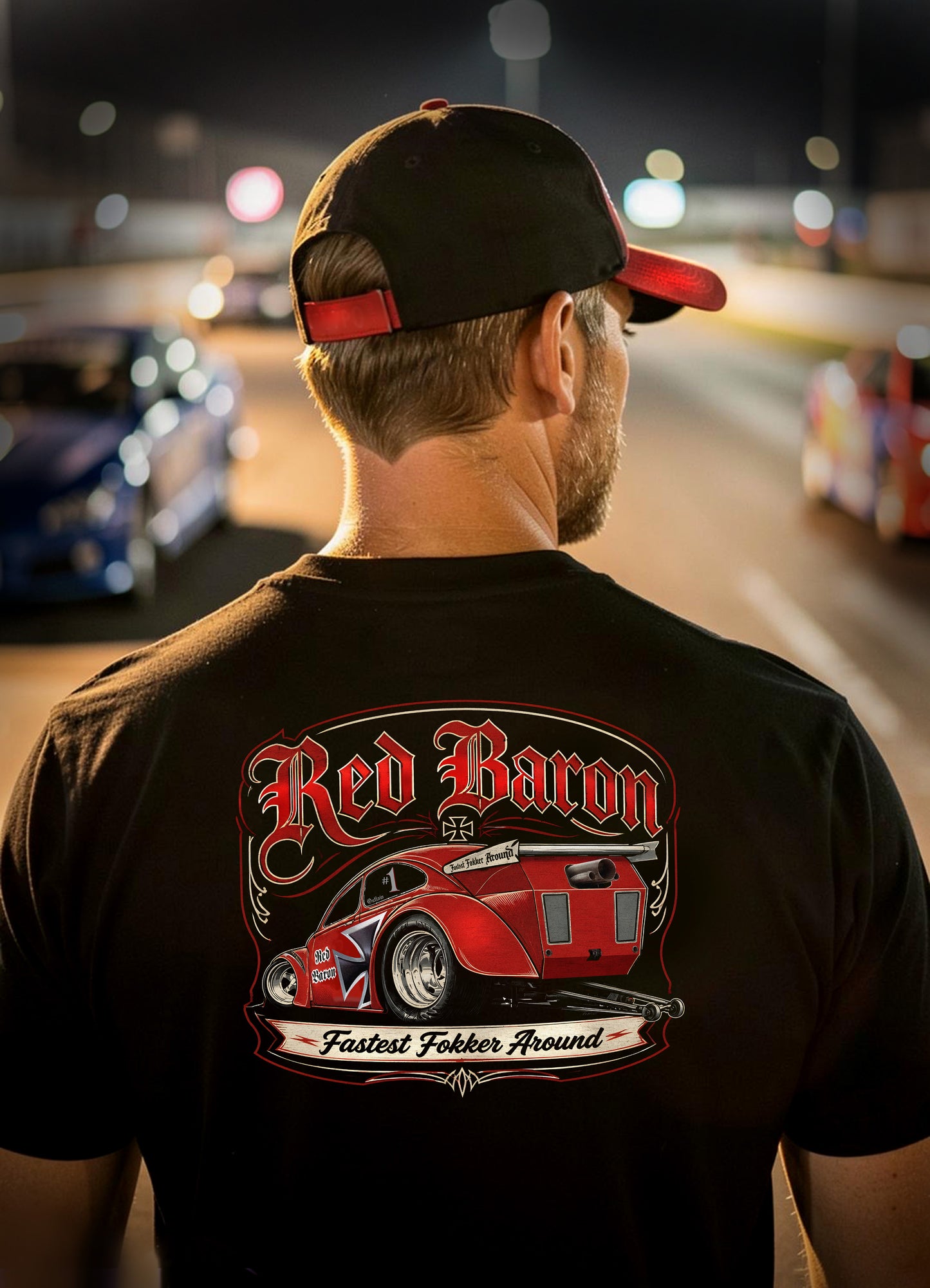 Red Baron VW Drag racing T-shirt black 2 sided unisex.